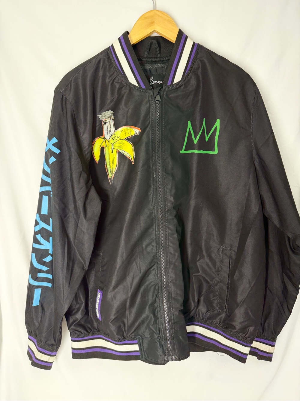 Members Only Black Bomber Jacket with Yellow Banana & Green Crown Graphics